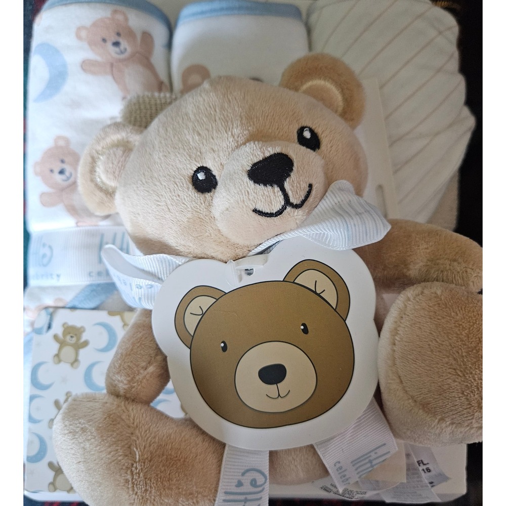 Little Celebrity 7 Piece Baby Bathtime Gift Set Plush Teddy Bear Blue Moon Stars